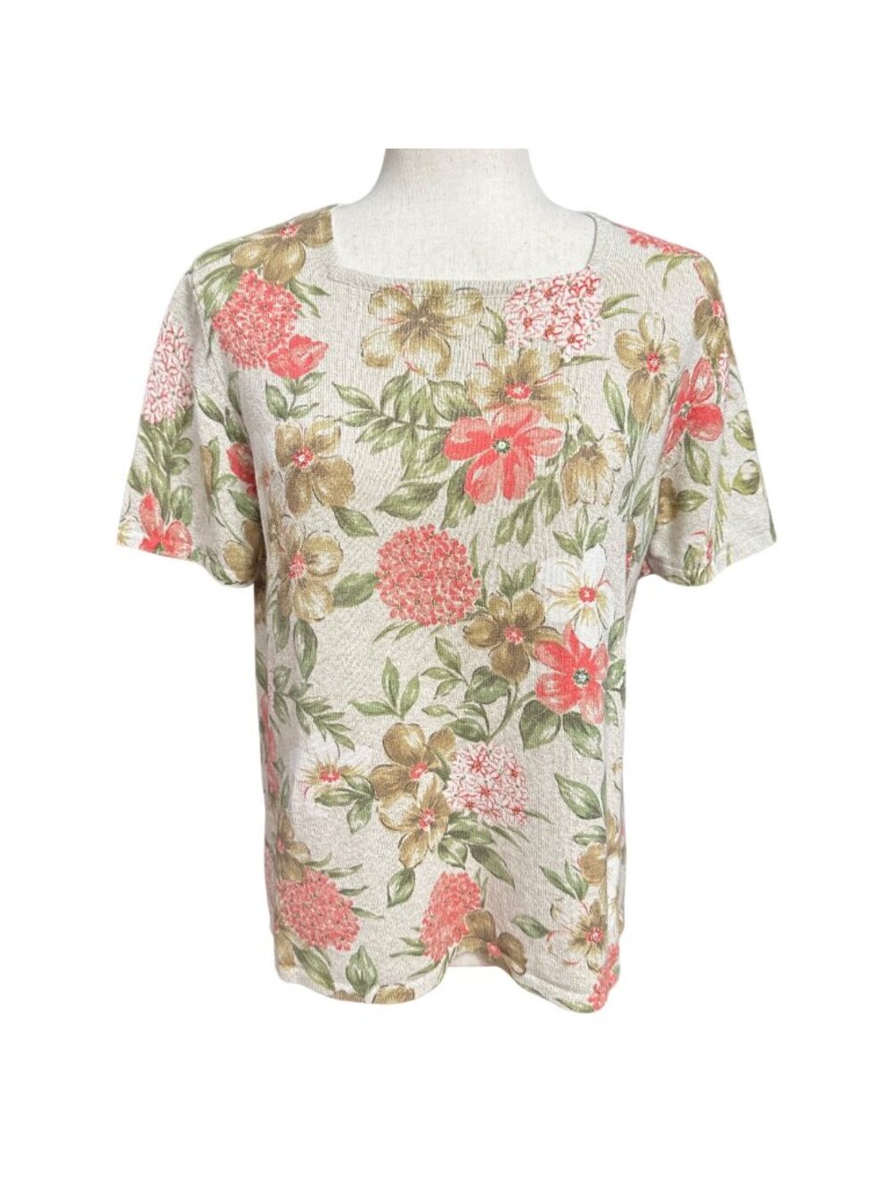 Alfred Dunner Shirt Women S Beige Pink Floral Beaded Short Sleeve Ramie Blend